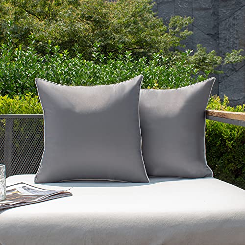 Kevin Textile Outdoor Waterproof Pillow Covers with White Piping Patio Furniture Pillow Cases, 2 Pcs, 18"x18", Grey