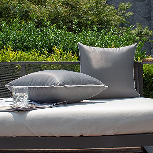 Kevin Textile Outdoor Waterproof Pillow Covers with White Piping Patio Furniture Pillow Cases, 2 Pcs, 18"x18", Grey