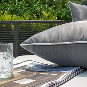 Kevin Textile Outdoor Waterproof Pillow Covers with White Piping Patio Furniture Pillow Cases, 2 Pcs, 18"x18", Grey