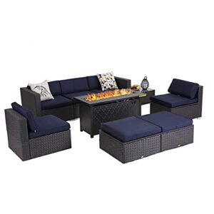 sophia & william patio furniture set with gas fire pit table 9 piece wicker rattan outdoor sectional sofa w/coffee table, conversation set, csa approved propane fire pit(navy blue-rectangular table)