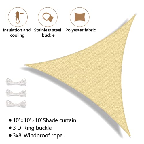 Sun Shade Sail, 10’ x 10’ x 10’ Triangle UV Block Canopy Awning Sand Cover Waterproof Shade Sail for Patio Backyard Playground Lawn Garden Outdoor Activities(Beige)