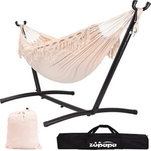 zupapa 2 person hammock with stand and carrying case, 550 capacity, portable for living room, garden, tassel macrame white