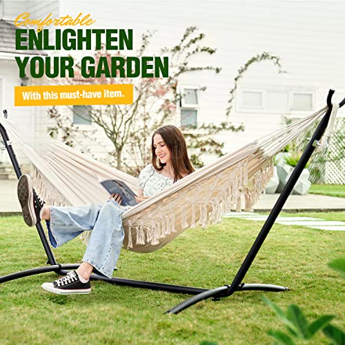 Zupapa 2 Person Hammock with Stand and Carrying Case, 550 Capacity, Portable for Living Room, Garden, Tassel Macrame White
