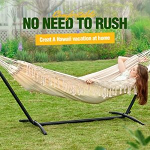 Zupapa 2 Person Hammock with Stand and Carrying Case, 550 Capacity, Portable for Living Room, Garden, Tassel Macrame White