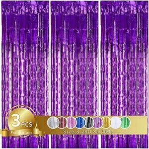 3pcs purple metallic tinsel foil fringe curtains,3.28 x 6.56ft purple photo booth backdrop streamer curtain,photo booth props,ideal bachelorette party supplies,birthday,christmas, new year decor