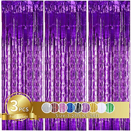 3Pcs Purple Metallic Tinsel Foil Fringe Curtains,3.28 x 6.56ft Purple Photo Booth Backdrop Streamer Curtain,Photo Booth Props,Ideal Bachelorette Party Supplies,Birthday,Christmas, New Year Decor