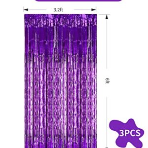 3Pcs Purple Metallic Tinsel Foil Fringe Curtains,3.28 x 6.56ft Purple Photo Booth Backdrop Streamer Curtain,Photo Booth Props,Ideal Bachelorette Party Supplies,Birthday,Christmas, New Year Decor