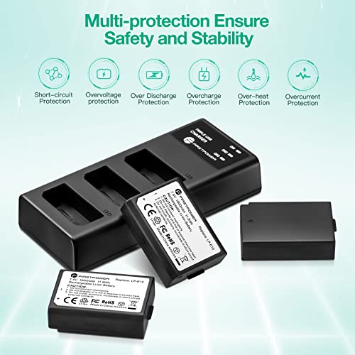 FirstPower LP-E10 Battery 3-Pack and Triple Slot Charger Compatible with Canon EOS Rebel T3 T5 T6 T7 T100 Kiss X50 X70 X80 X90 1100D 1200D 1300D 1500D 4000D Digital Cameras