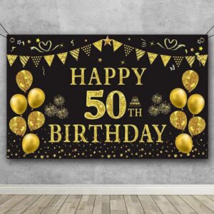 Trgowaul 50th Birthday Decorations Women Men - Large Black and Gold 50 Birthday Banner Backdrop, Happy 50th Birthday Party Supplies Photography Background, 50 Years Old Bday Gifts Poster her 51"×83"