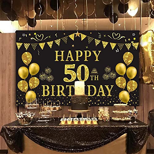 Trgowaul 50th Birthday Decorations Women Men - Large Black and Gold 50 Birthday Banner Backdrop, Happy 50th Birthday Party Supplies Photography Background, 50 Years Old Bday Gifts Poster her 51"×83"