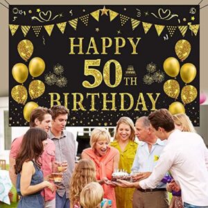 Trgowaul 50th Birthday Decorations Women Men - Large Black and Gold 50 Birthday Banner Backdrop, Happy 50th Birthday Party Supplies Photography Background, 50 Years Old Bday Gifts Poster her 51"×83"