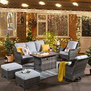 xizzi patio furniture sets outdoor swivel rocking chairs with 50,000 btu propane fire pit table 7 pieces all weather pe wicker patio conversation sofa and matching side table,grey rattan grey cushion