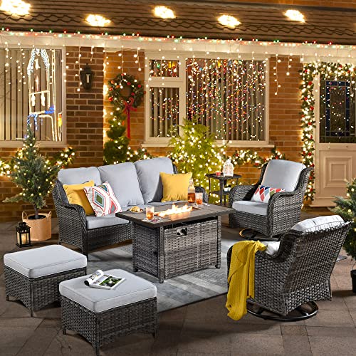 XIZZI Patio Furniture Sets Outdoor Swivel Rocking Chairs with 50,000 BTU Propane Fire Pit Table 7 Pieces All Weather PE Wicker Patio Conversation Sofa and Matching Side Table,Grey Rattan Grey Cushion