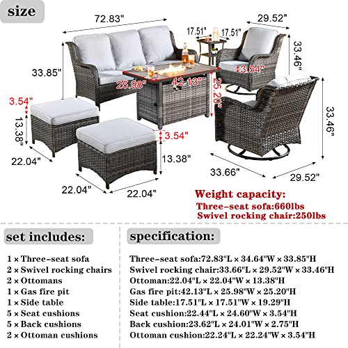 XIZZI Patio Furniture Sets Outdoor Swivel Rocking Chairs with 50,000 BTU Propane Fire Pit Table 7 Pieces All Weather PE Wicker Patio Conversation Sofa and Matching Side Table,Grey Rattan Grey Cushion