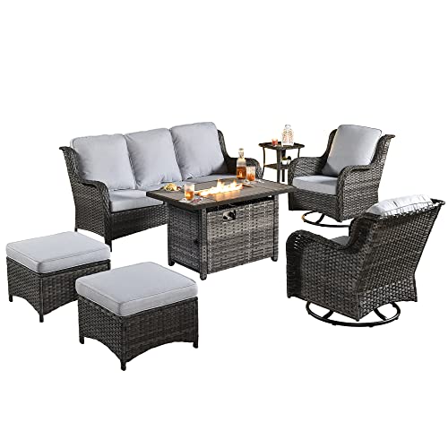 XIZZI Patio Furniture Sets Outdoor Swivel Rocking Chairs with 50,000 BTU Propane Fire Pit Table 7 Pieces All Weather PE Wicker Patio Conversation Sofa and Matching Side Table,Grey Rattan Grey Cushion