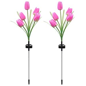 thafikzi solar garden lights, outdoor solar powered tulip flower lights with 5 tulip flowers, variable colors waterproof solar decorative led lights for garden, patio, backyard (2 pack pink)