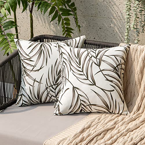 EMEMA Outdoor Waterproof Throw Pillow Covers Decorative Patio Pillow Cases Natural Leaves Tropical Spring Summer Square Cushion Shams Shell Garden Balcony Sunbrella Couch Pack of 2, 18x18 Inch Coffee