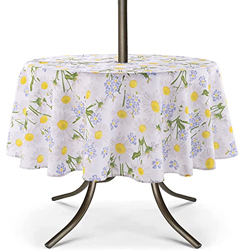 UMINEUX Outdoor Tablecloth with Umbrella Hole and Zipper, Spring/Summer Waterproof Table Cover for Picnic/BBQ/Garden(60" Round,Daisy)