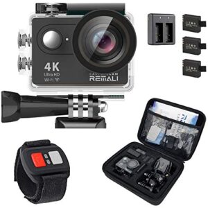 remali capturecam 4k ultra hd and 12mp waterproof sports action camera kit with carrying case, 3 batteries, dual battery charger, 2” lcd screen, wifi, remote control, and 21 mounts and accessories