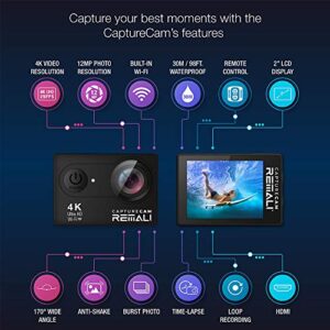 REMALI CaptureCam 4K Ultra HD and 12MP Waterproof Sports Action Camera Kit with Carrying Case, 3 Batteries, Dual Battery Charger, 2” LCD Screen, WiFi, Remote Control, and 21 Mounts and Accessories