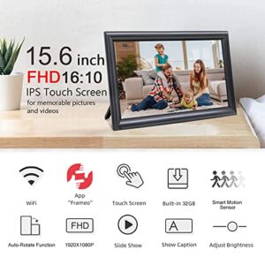 32GB 15.6inch FRAMEO Digital Photo Frame with 1920x1080 FHD IPS LCD Touch Screen, Dual-WiFi Share Photos & Videos Via Frameo App, Support USB Drive/SD Card Extend Storage, Motion Sensor, Auto-Rotate