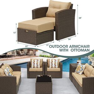 Wicker Patio Furniture Set Outdoor Patio Chairs with Ottomans, 2 Pieces Outdoor Lounge Chair Chat Patio Couch Sofa Chair with Ottoman,Aluminum Frame
