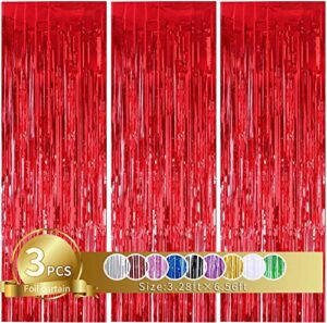 3pcs red metallic tinsel foil fringe curtains,3.28ft x 6.56ft photo booth props.glitter string backdrop streamers for door wall tassle curtains background birthday, christmas party decorations