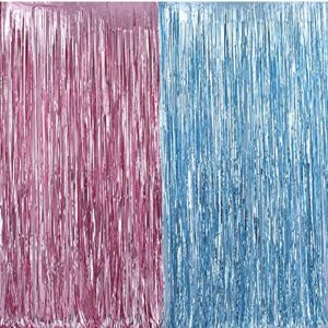 metallic tinsel foil fringe curtains 3.2 ft x 6.6 ft baby shower gender reveals party decoration party photo backdrop (pink/blue)