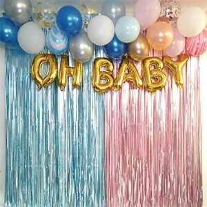 Metallic Tinsel Foil Fringe Curtains 3.2 ft x 6.6 ft Baby Shower Gender Reveals Party Decoration Party Photo Backdrop (Pink/Blue)