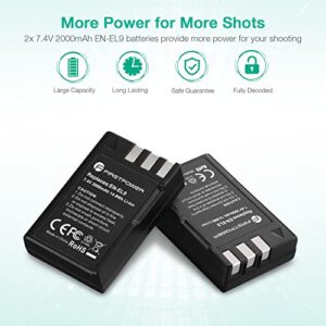 FirstPower EN-EL9 EN EL9a Battery 2-Pack 2000mAh and Dual USB Charger Compatible with Nikon D40, D40x, D60, D3000, D5000 Digital SLR Cameras