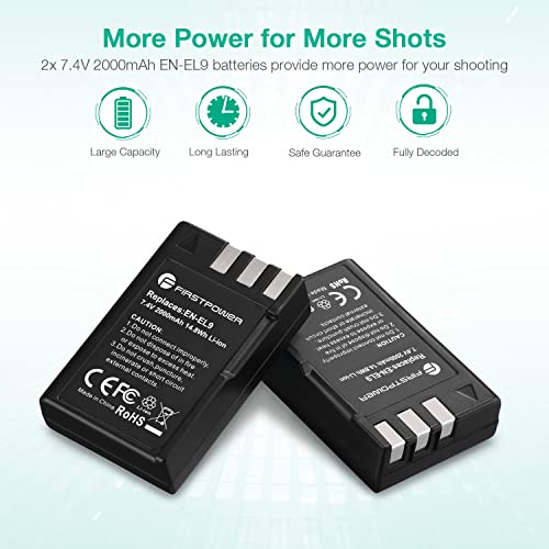 FirstPower EN-EL9 EN EL9a Battery 2-Pack 2000mAh and Dual USB Charger Compatible with Nikon D40, D40x, D60, D3000, D5000 Digital SLR Cameras