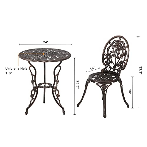 HOMEFUN Bistro Table Set, Antique Bronze Rose 3 Piece, Outdoor Patio Table and Chairs Furniture, Durable Rust Weather Resistance，Rose Bronze