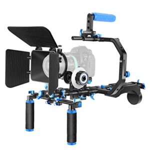 neewer shoulder rig kit for dslr cameras and camcorders, movie video film making system with matte box, follow focus, c-shaped bracket, 15mm rods, handgrip, 1/4” & 3/8” threads (blue + black)