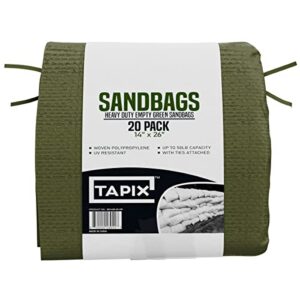 Empty Sandbags Military Green with Ties (Bundle of 20) 14" x 26" - Woven Polypropylene Sand Bags, Extra Heavy Duty Sandbags for Flooding, Sand Bags Flood Protection