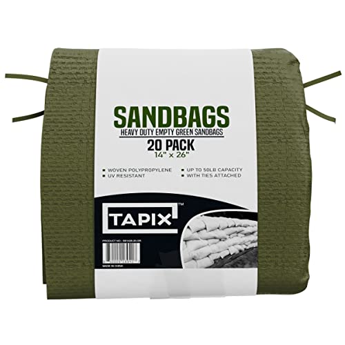 Empty Sandbags Military Green with Ties (Bundle of 20) 14" x 26" - Woven Polypropylene Sand Bags, Extra Heavy Duty Sandbags for Flooding, Sand Bags Flood Protection