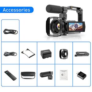 4K Video Camera Camcorder UHD 48MP WiFi IR Night Vision Vlogging Camera for YouTube Touch Screen 16X Digital Zoom Camera Recorder with Microphone, Handheld Stabilizer, Lens Hood, Remote,2 Batteries