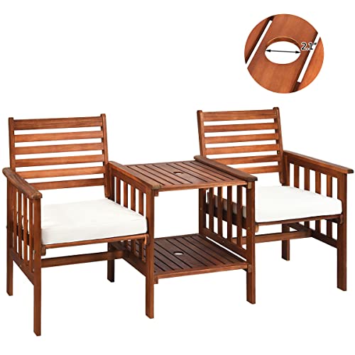 HAPPYGRILL Acacia Wood Loveseat with Table Patio Bistro Set Wooden Table Chairs Set with Cushions, Outdoor Furniture Set with 2.1-inch Umbrella Hole for Garden Balcony