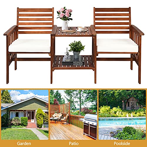 HAPPYGRILL Acacia Wood Loveseat with Table Patio Bistro Set Wooden Table Chairs Set with Cushions, Outdoor Furniture Set with 2.1-inch Umbrella Hole for Garden Balcony