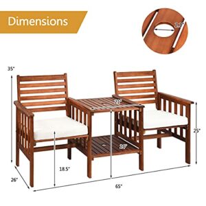 HAPPYGRILL Acacia Wood Loveseat with Table Patio Bistro Set Wooden Table Chairs Set with Cushions, Outdoor Furniture Set with 2.1-inch Umbrella Hole for Garden Balcony