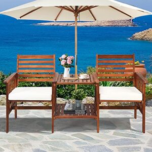 HAPPYGRILL Acacia Wood Loveseat with Table Patio Bistro Set Wooden Table Chairs Set with Cushions, Outdoor Furniture Set with 2.1-inch Umbrella Hole for Garden Balcony