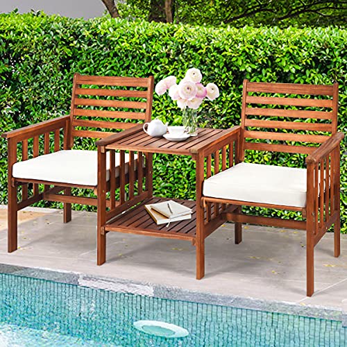 HAPPYGRILL Acacia Wood Loveseat with Table Patio Bistro Set Wooden Table Chairs Set with Cushions, Outdoor Furniture Set with 2.1-inch Umbrella Hole for Garden Balcony