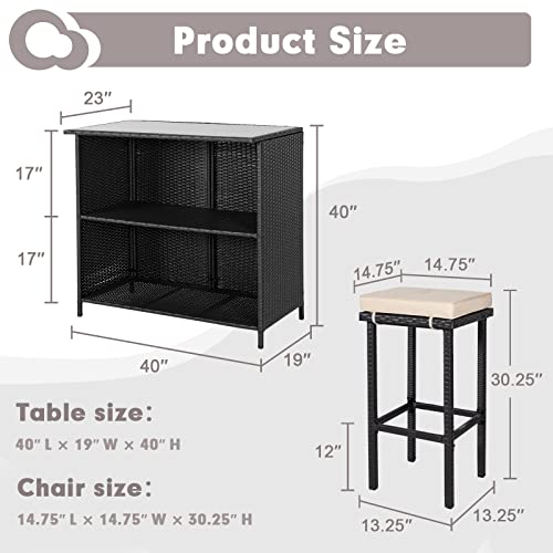Incbruce 3-Piece Patio Bar Set - Two Stools with Beige Cushions and One Table with a Glass Top, All-Weather Outdoor Brown Wicker Furniture Set for Porches, Gardens or Poolside