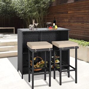 incbruce 3-piece patio bar set – two stools with beige cushions and one table with a glass top, all-weather outdoor brown wicker furniture set for porches, gardens or poolside