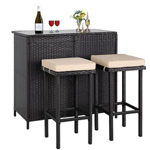 Incbruce 3-Piece Patio Bar Set - Two Stools with Beige Cushions and One Table with a Glass Top, All-Weather Outdoor Brown Wicker Furniture Set for Porches, Gardens or Poolside