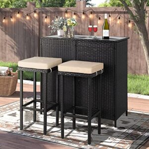 Incbruce 3-Piece Patio Bar Set - Two Stools with Beige Cushions and One Table with a Glass Top, All-Weather Outdoor Brown Wicker Furniture Set for Porches, Gardens or Poolside