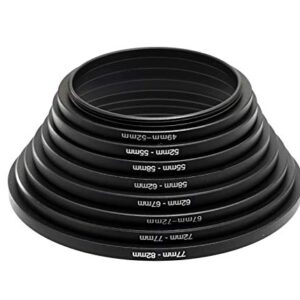 Fotasy Anodized Black Metal Filter Step Up Ring Set, Stepping Lens Adapter Rings 49-52mm 52-55mm 55-58mm 58-62mm 62-67mm 67-72mm 72-77mm 77-82mm (SRU)