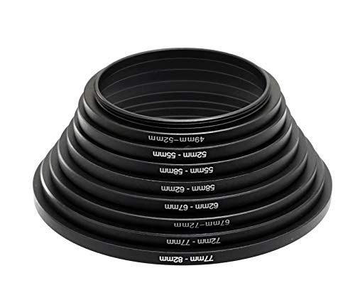 Fotasy Anodized Black Metal Filter Step Up Ring Set, Stepping Lens Adapter Rings 49-52mm 52-55mm 55-58mm 58-62mm 62-67mm 67-72mm 72-77mm 77-82mm (SRU)