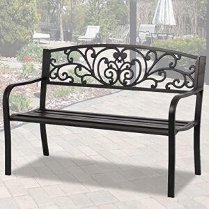 dkeli 50” garden patio bench outdoor metal park bench furniture cast iron porch chair seat with armrests 480bls bearing capacity for park yard deck lawn, black
