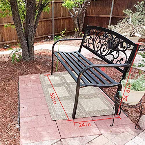 Dkeli 50” Garden Patio Bench Outdoor Metal Park Bench Furniture Cast Iron Porch Chair Seat with Armrests 480BLS Bearing Capacity for Park Yard Deck Lawn, Black