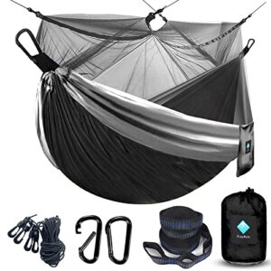 hammocks with net, mosquito net hammock for camping portable nylon hammocks parachute lightweight with tree straps, garden swing hammock for outdoor hiking travel (black/gray)